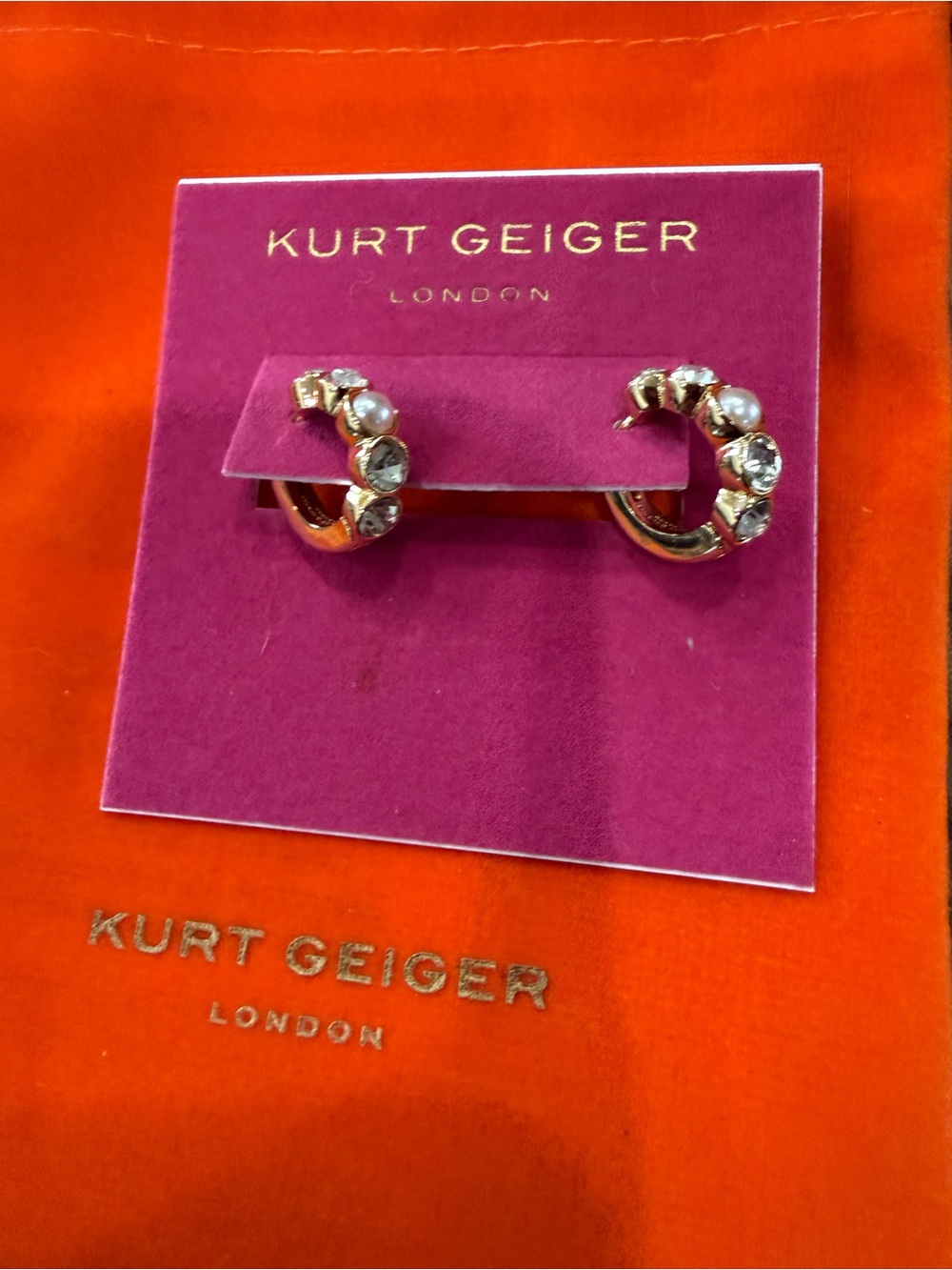 Kurt Geiger Gold Crystal and Pearl Mini Hoop Earrings